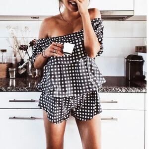 Sabo Skirt Navy & White Gingham Off-Shoulder Romper 100% Cotton